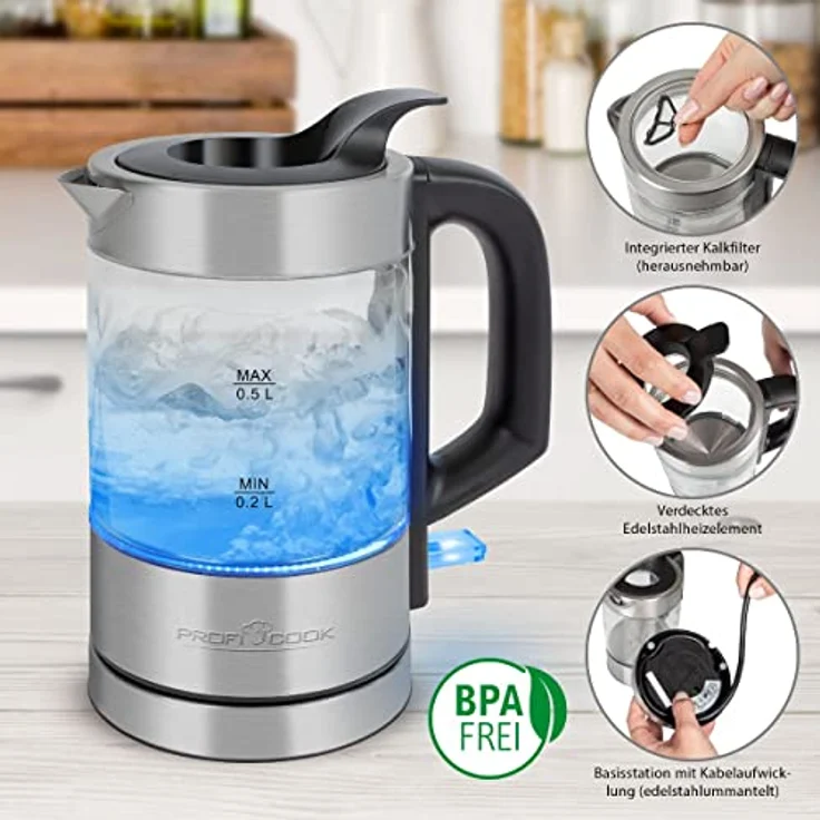ProfiCook PC-WKS 1228G Glas-Wasserkocher, 1100 Watt, 0,5 Liter, Wasserstandsanzeige, Kalkfilter, silber – Bild 3
