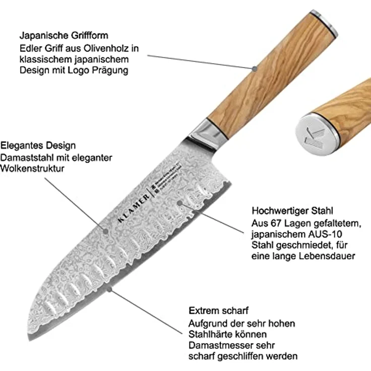 KLAMER Premium Santoku Damastmesser echter japanischer Stahl 18 cm Kochmesser – Bild 4