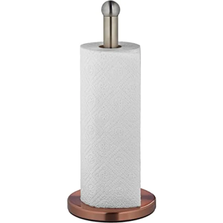 relaxdays Küchenrollenhalter Stehender Küchenrollenhalter aus Edelstahl, freistehend mit schaumstoffgepolstertem Standfuß, Silber/Bronze, H 35 cm, D 15 cm – Bild 1