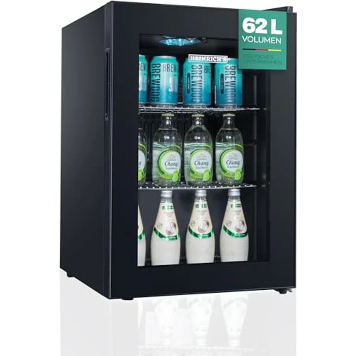 Heinrich´s HEINRICHS Mini Getränkekühlschrank, Glastür, leise (40dB), 62 Liter, LED-Beleuchtung, ideal für Büro, Camping und Garten, 4 bis 18°C, schwarzes Design – Bild 1