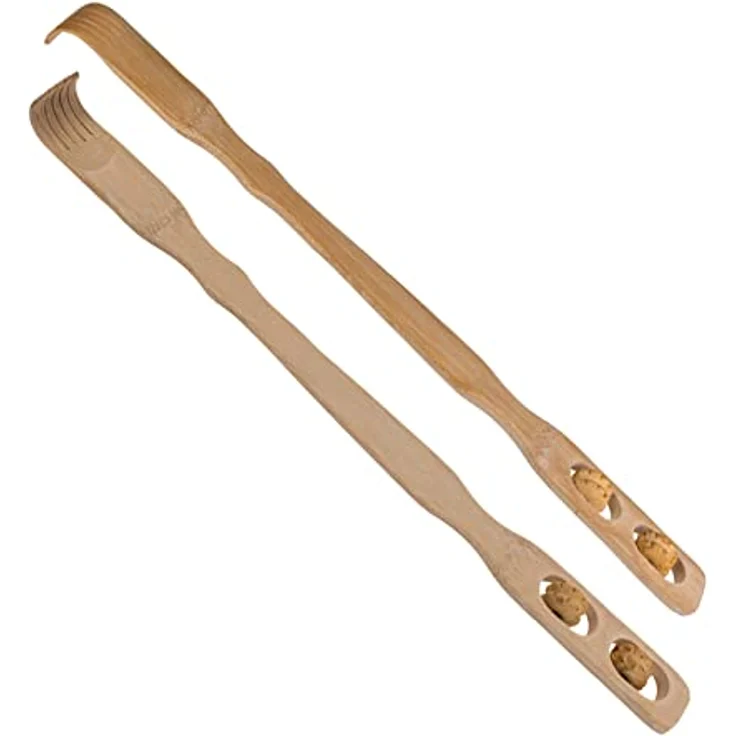 2er Set Rückenkratzer mit Massagerollen Bambus Kratzhilfe 46 cm Kratzhand Rücken Kratzer Rückenmassage – Bild 2