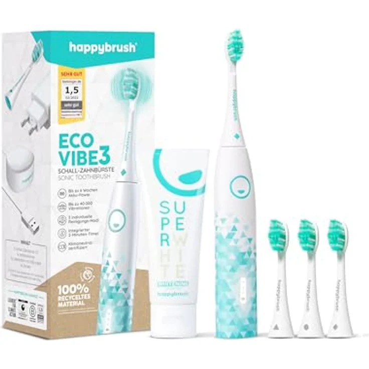 happybrush Elektrische Schall-Zahnbürste Eco VIBE 3 - Nachhaltig mit 6 Wochen Power-Akku, inkl. 3 Aufsteckbürsten und Zahnpasta - Weiß/Mint – Bild 1
