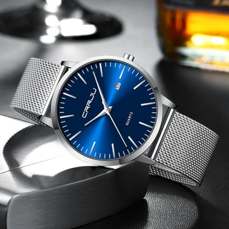 CRRJU Ultra Dünne Herren Uhr, Wasserdichte Armbanduhr mit Schwarz Edelstahl Meshband, Analog Quarz, Silber Blau – Bild 4