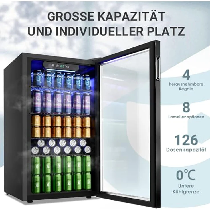 EUHOMY 90L Getränkekühlschrank, Mini-Kühlschrank für 126 Dosen mit Glastür, verstellbaren Regalen und digitaler Temperatureinstellung, Schwarz Edelstahl – Bild 2
