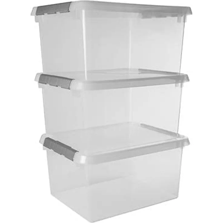 Sunware Comfort Line Aufbewahrungsbox mit Deckel, Set von 3, 36L, stapelbar, 50x40x26cm, praktische Verschlussclips