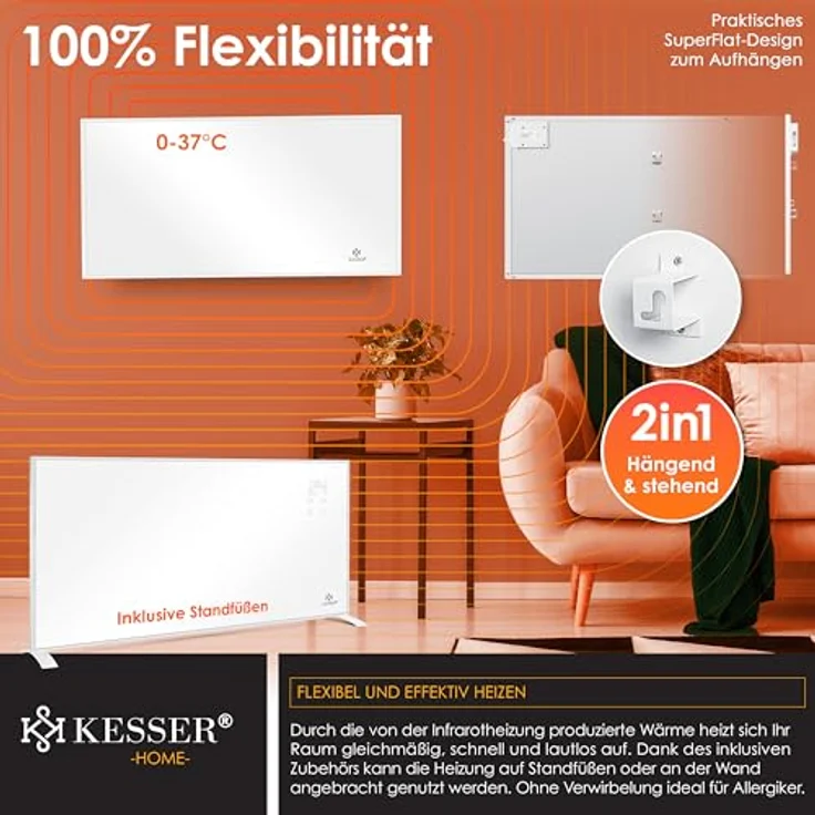 KESSER® Infrarotheizung Energiesparend Infrarot Standgerät & Wandmontage Elektroheizung 700W mit Fernbedienung Thermostat & App-Steuerung Elektrisch Heizpaneel Heizung Konvektor Standfüße in Onyx Schwarz – Bild 4