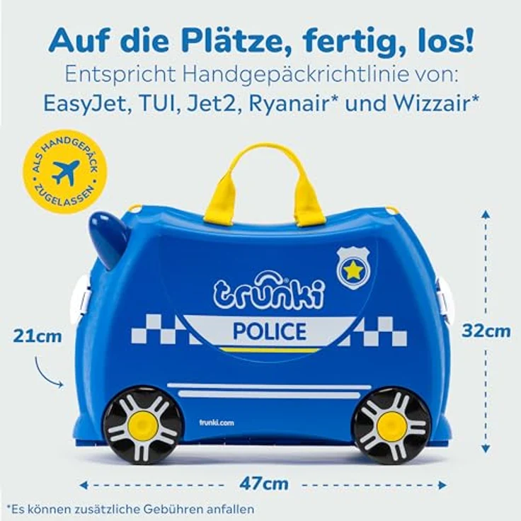 TRUNKI Handgepäck Und Kinderkoffer zum Draufsitzen | Trolley Percy das Polizeiauto (Blau) – Bild 2