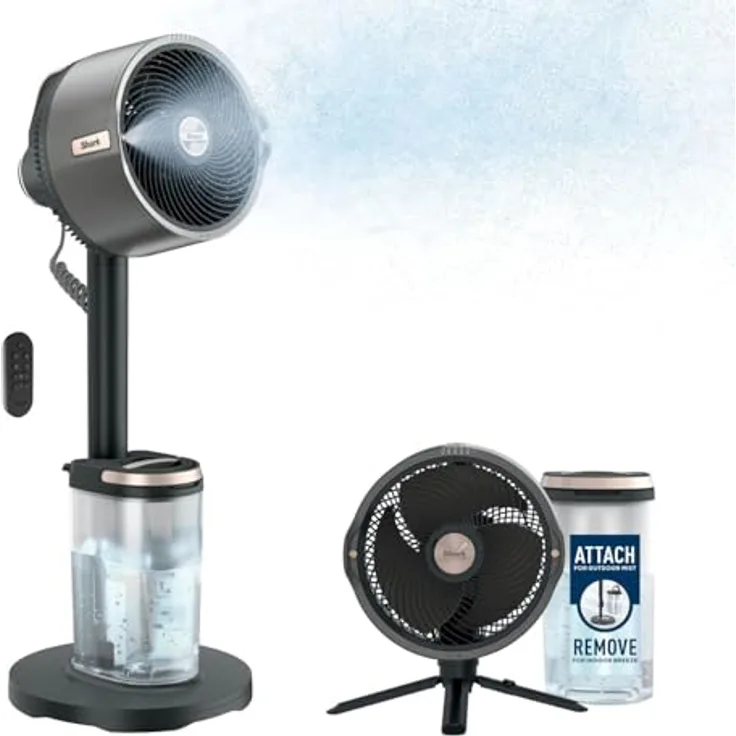 Shark FlexBreeze Pro Mist Akku-Ventilator mit Sprühsystem, tragbarem Sprühtank, 20 m, 5 Geschwindigkeitsstufen, leise, Fernbedienung, Anthrazit