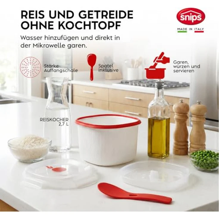 Snips Microwave Frischhaltedosen Set 5, Dampfgarer und Reiskocher für Mikrowelle, 2L/4L, Eierkocher und Suppentasse, Made in Italy – Bild 3