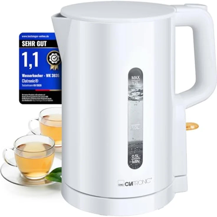 Clatronic WK 3835 Wasserkocher 1,7L, 2200W, BPA frei, Einhandbedienung, Wasserstandsanzeige, weiß – Bild 1