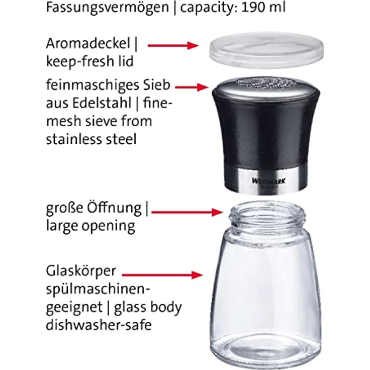 Westmark Puderzuckerstreuer, Mit Aromadeckel, Fassungsvermögen: 190 ml, Glas/Rostfreier Edelstahl/Kunststoff, Blacky, Transparent/Schwarz/Silber, 69512260 – Bild 4