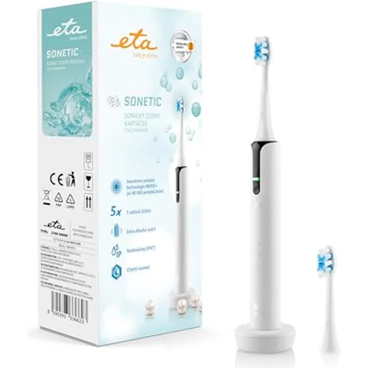 ETA elektrische Schallzahnbürste Sonetic I 5 x Reinigungsmodi I bis zu 40.000 Bürstenkopfbewegungen/Minute I Timer I IPX7 I 3,7 V Li-Ion-Akku I 2 Ersatzköpfe I Weiß