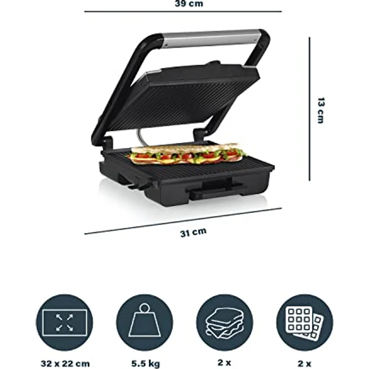 Princess Panini Grill Pro Kontaktgrill, Thermostat, 2000Watt, antihaftbeschichtet, edelstahl, schwarz – Bild 3