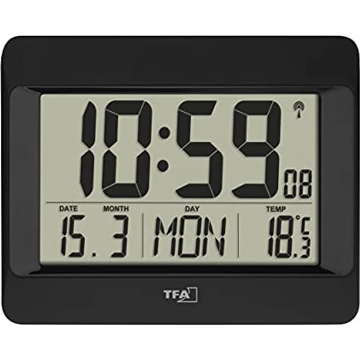 TFA Dostmann Wanduhr digital, 60.4519.01, Funkuhr mit Innentemperatur, Wochentag (8 Sprachen), Datum, Zeitzoneneinstellung, schwarz, Kunststoff, (L) 215 x (B) 160 x (H) 26 (68) mm – Bild 2