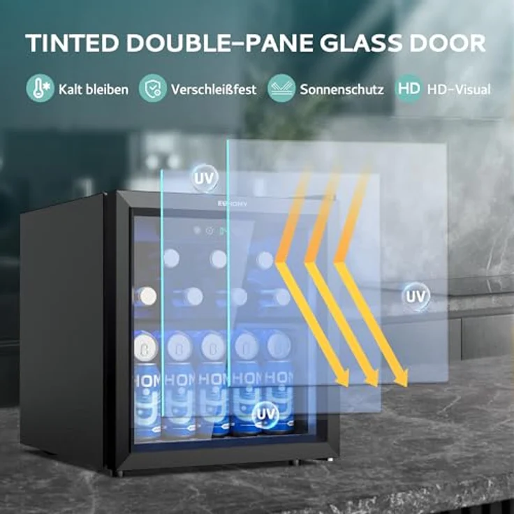 EUHOMY Getränkekühlschrank, Mini Kühlschrank mit Glastür, 36L Bierkühler für 55 Dosen, Schwarz, Geräuscharm mit LED-Beleuchtung, 43dB, für Büro und Bar – Bild 4