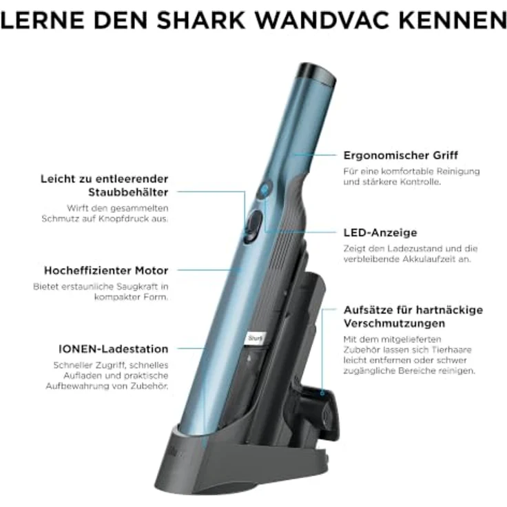 Shark WandVac WV201EUBL, Akku Handstaubsauger mit Ladestation, Tierhaar-Aufsatz und Staub-Fuge, Blau in Blaugrau – Bild 12