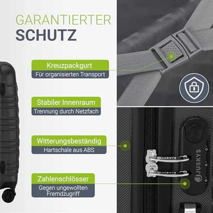 Juskys Hartschale Kofferset 3-teilig, Reisekoffer mit Zahlenschloss, geräuscharmen 360° Rollen, Teleskopgriff, leicht, Schwarz – Bild 5