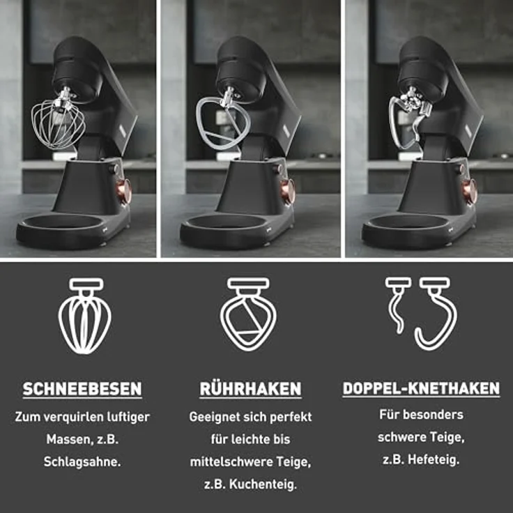 Heinrich´s HKM 8077 Küchenmaschine, Knetmaschine mit 1500W, 6L Edelstahlschüssel, 10 Geschwindigkeitsstufen, geräuscharm, titan – Bild 5