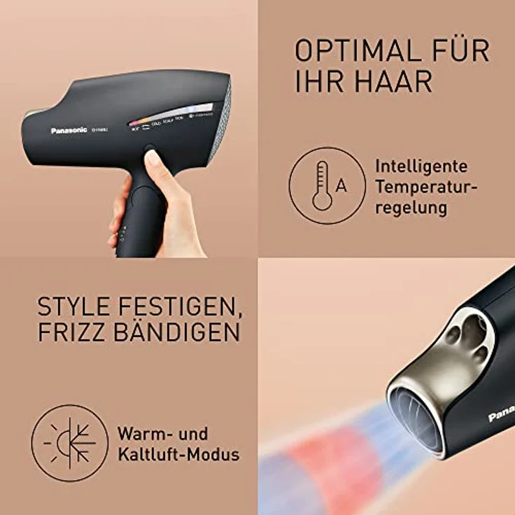 Panasonic EH-NA9J Haartrockner Nanoe Technologie (4 Modi für Haare, Gesicht und Kopfhaut, 2 Temperatureinstellungen, 2 Aufsätze) schwarz, Champagner-gold – Bild 4
