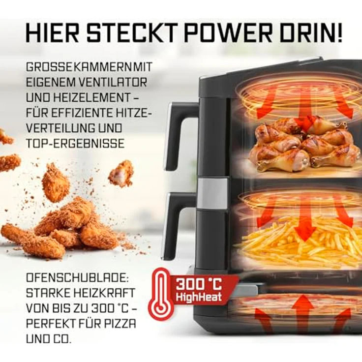 GOURMETmaxx Heißluft-Fritteuse FryUp3, 2800W, schwarz, vertikal, Doppelkorb 4l + 6l, Pizzafach, 12 Programme, 13,4l Volumen – Bild 5