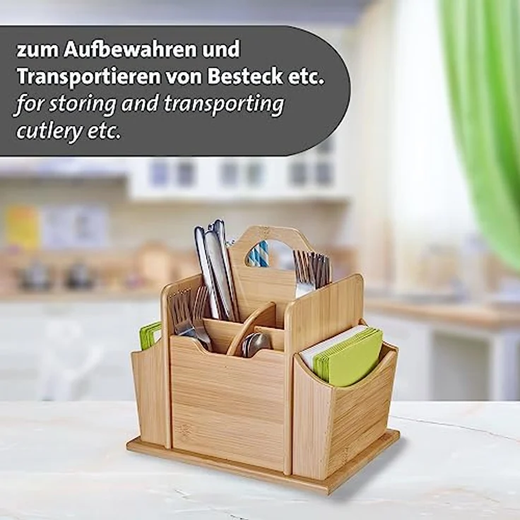 Westmark Tischbutler Tapas + Friends – praktischer Tisch-Organizer mit 7 Fächern, Korb für Besteck und Servietten, Utensilienhalter für Esstisch und Party – Bambus – Bild 3