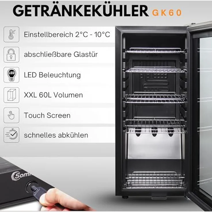 Sommertal Kühlschrank GK60, 60L Getränkekühlschrank mit Glastür, Touchscreen, LED-Beleuchtung und Schloss, schwarz – Bild 2