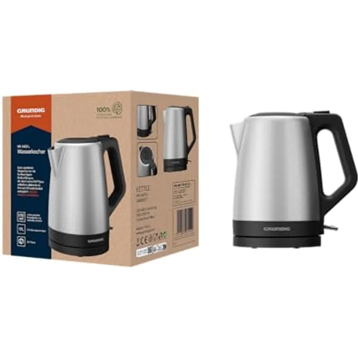 Grundig WK 4420 L Wasserkocher, 2.200 W Leistung, 1,7 l, Edelstahl/Schwarz, automatische Abschaltung, 360°-Basis für Rechts- und Linkshänder
