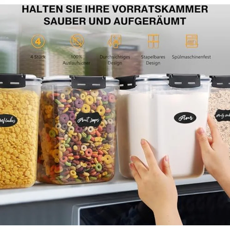 YASHE 5,3L Vorratsdosen mit Luftdichtem Deckel, 4er Set Kunststoff Frischhaltedosen mit Silikondichtung und 16 Etiketten – Bild 4