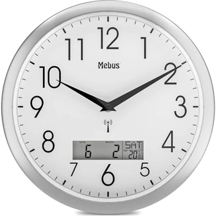 Mebus Funk-Wanduhr, 29 cm, lautlos, LCD-Anzeige für Datum und Temperatur, weiß, Modell 19422 - Multifunktional und leise