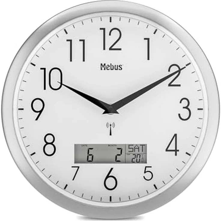 Mebus Funk-Wanduhr, 29 cm, lautlos, LCD-Anzeige für Datum und Temperatur, weiß, Modell 19422 - Multifunktional und leise – Bild 1