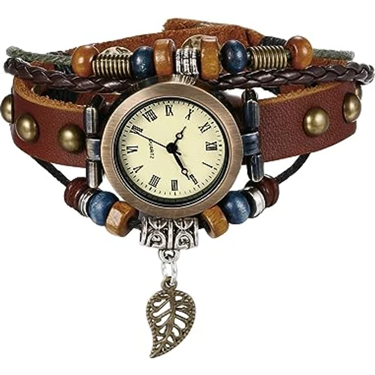 JewelryWe Vintage Damen Armbanduhr, Braun, Analog Quarz mit geflochtenem Lederarmband und Blatt-Anhänger – Bild 1