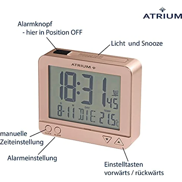 Atrium A760-17, Digitaler Funkwecker mit sensorgesteuertem Nachtlicht, Datums- und Temperaturanzeige, rosegold – Bild 2