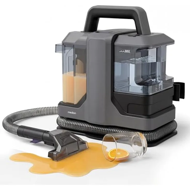 MEDION MD100122 Polsterreiniger Waschsauger, Nasssauger für Teppiche und Autositze, grau, 750 W, mit Frisch- und Schmutzwassertank, Fenster-Aufsatz