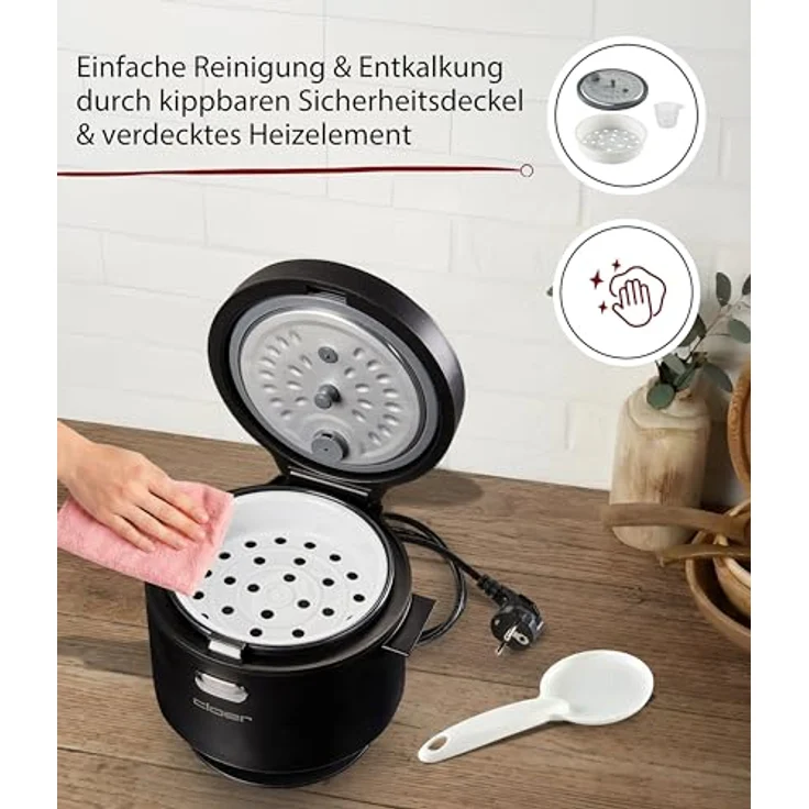 Cloer 6830 Reiskocher, 1 l mit Dampfaufsatz, 7-Phasen-Technologie, Warmhaltefunktion bis 24 h, spülmaschinengeeignet, 350 W – Bild 5
