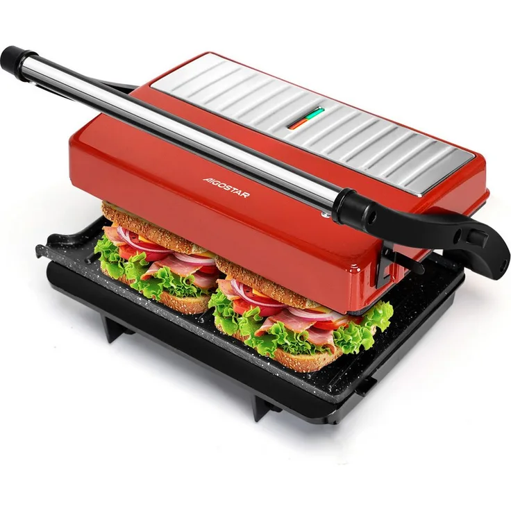 Aigostar Paninigrill Kontaktgrill, 750 W, Antihaftbeschichtung, BPA-frei, 180-Grad-Öffnung, Cool-Touch-Griff