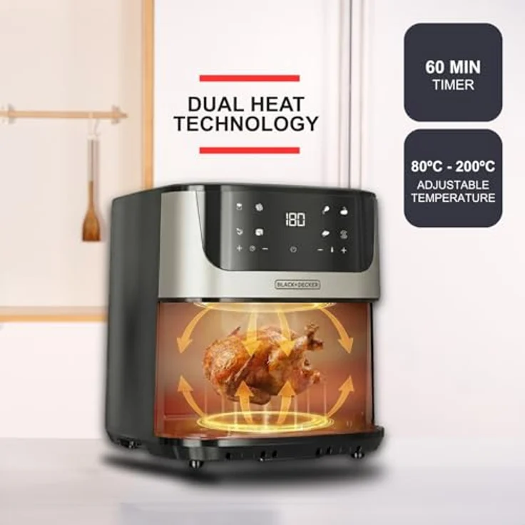 Black+Decker BXAF8000E Heißluftfritteuse, 2000W, 8L, Dual-Heizung, 8 Programme, Touchscreen, PFOA/BPA-frei, Sichtfenster, Defrost & Dehydrate – Bild 3