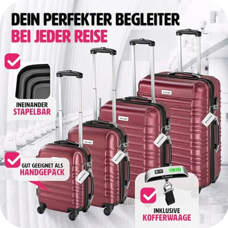 tectake®, 4tlg. Hartschalenkoffer Set, Reisekoffer Set mit Rollen, Hartschale aus ABS, Koffer Set mit Teleskopgriff und Schloss, inkl. Kofferwaage und Kofferanhänge, Trolley Größen S-M-L-XL - weinrot – Bild 4