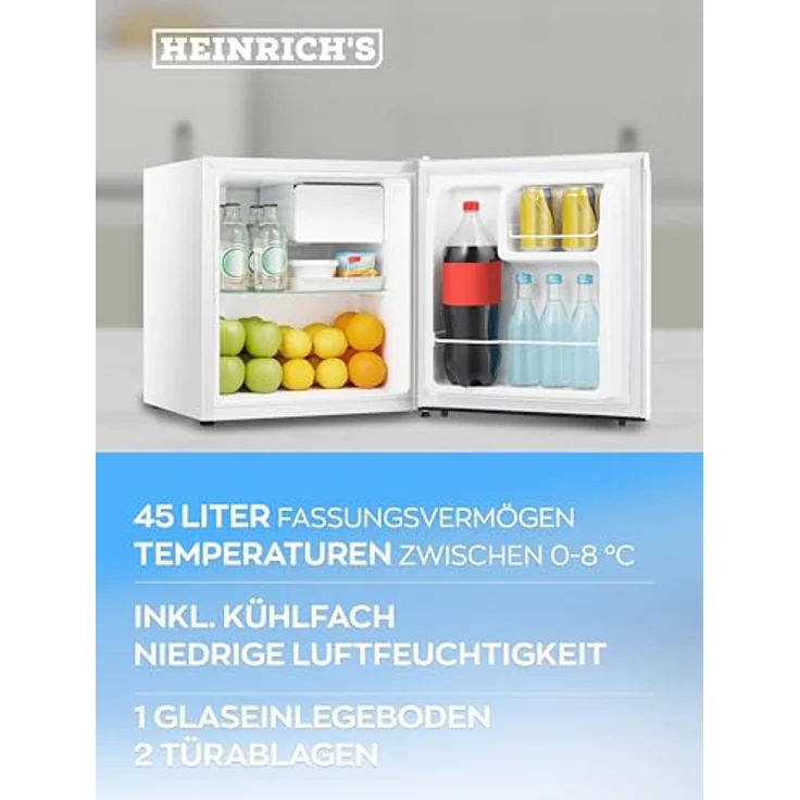Heinrich´s HKB 4188 W, Getränkekühlschrank 45 Liter, Kühlgerät mit Gefrierfach, 50 cm hoch, 44.5 cm breit, energieeffizient, geräuschlos – Bild 5