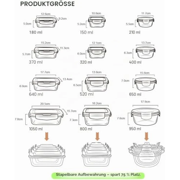 GENICOOK Vorratsdosen Set, 12 Stück aus Glas, BPA-frei, LFGB zertifiziert, stapelbar und temperaturbeständig von -40°C bis +400°C – Bild 3