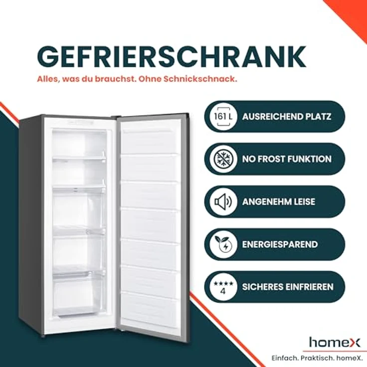homeX FSN1611E-S Gefrierschrank No Frost, 161L Nutzinhalt, 4-Sterne Gefrierleistung, Super-Frost-Funktion, silber – Bild 2