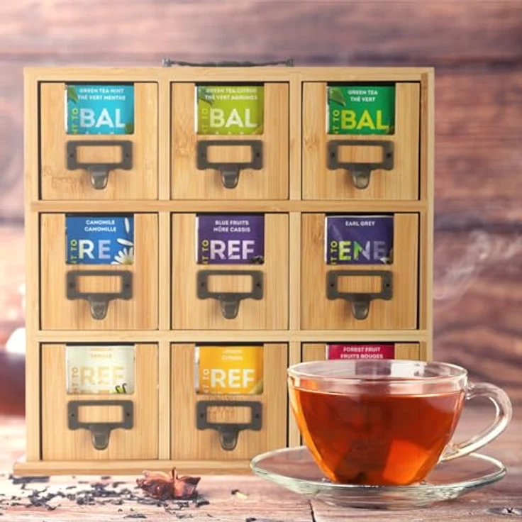 relaxdays Teebox Bambus Tee-Organizer mit 9 Fächern, Naturfarben, ideal zur übersichtlichen Teebeutelaufbewahrung – Bild 2
