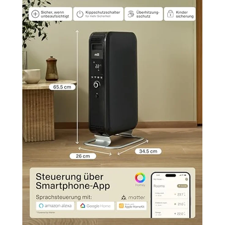 Mill Ölradiator Elektro Heizkörper 1500W, WiFi Smarte Heizung für 18-22m², leise, Designed in Norwegen - schwarz – Bild 5