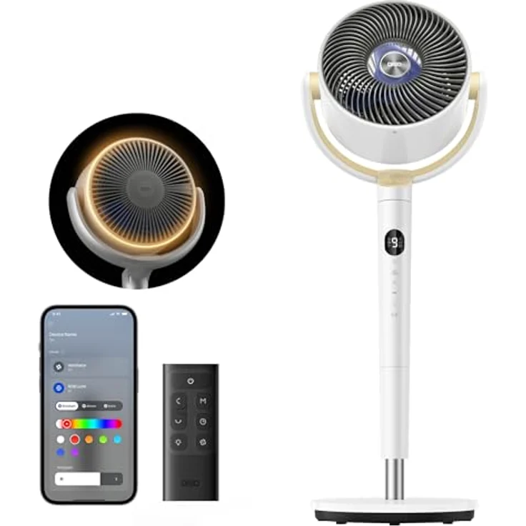 Dreo Smart Standventilator, 120°+120° Oszillierend mit RGB Light, Fernbedienung, 20dB Leiser Bodenventilator, 90ft Reichweite, 8H Timer, Weiß – Bild 1