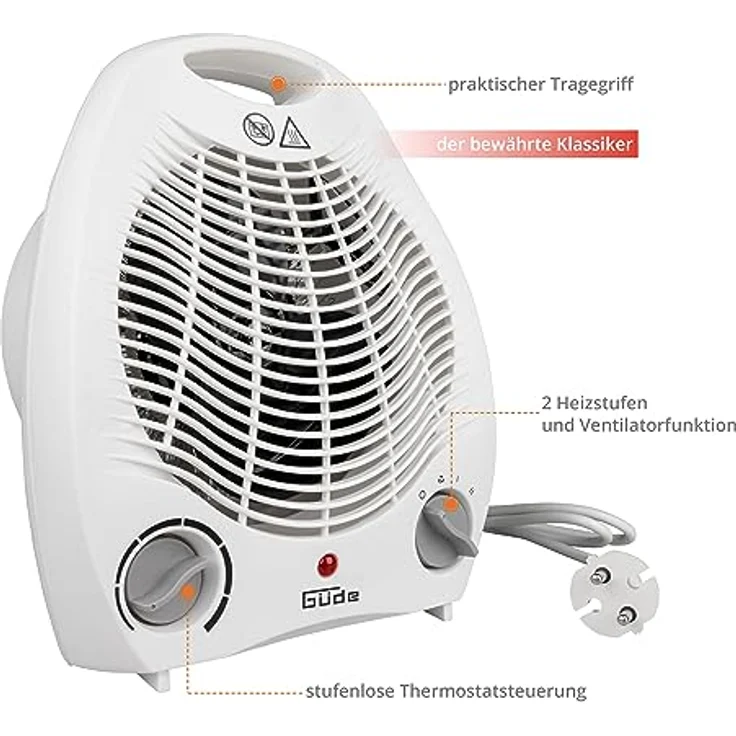 Güde Heizlüfter GH 2000 (2000 W Heizleistung, 2 Stufen (1000/2000 W), Ventilatorfunktion, Gebläseleistung 75 m³/h, stufenloser Thermostat, Überhitzungs- & Kippschutz, Tragegriff, schnelle Wärme) - Preisvergleich – Bild 5