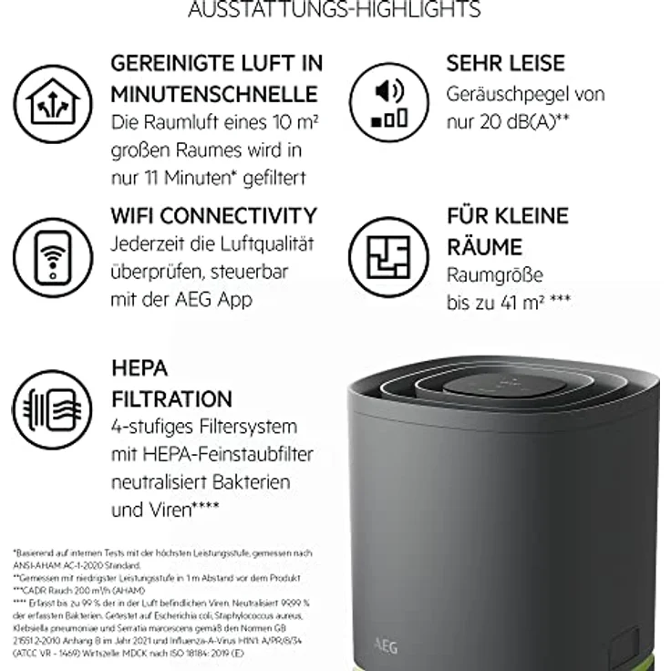 AEG APO50371DG PURE 5000 Luftreiniger, filtert bis zu 99,97 Prozent der Luftpartikel, Automatik-Modus, Luftqualitätsanzeige, ultrafeine Partikelfilter, App-Steuerung, bis 41 qm, dunkelgrau – Bild 2