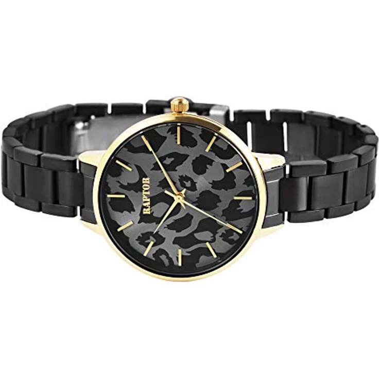 Raptor Damen-Uhr Edelstahl Armband Leo Print Animal Analog Quarz RA10186 (schwarz/goldfarbig) – Bild 3