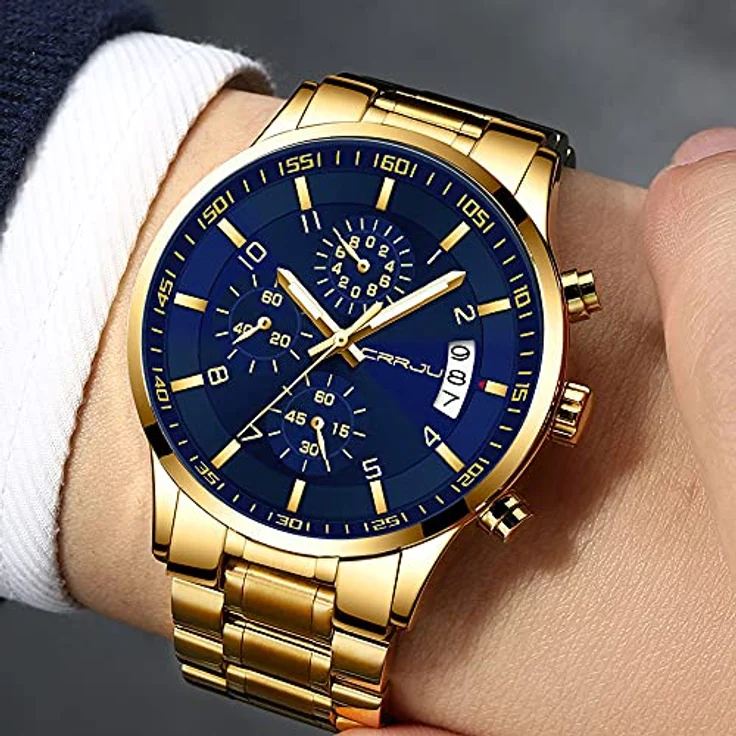 CRRJU Herren Chronograph Armbanduhr, wasserdicht 30m, Edelstahlarmband, analog mit Kalender, Gold Blau – Bild 5