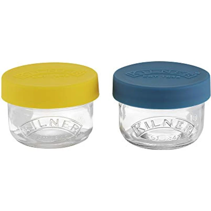KILNER Snackgläser 125ml 2er Set, luftdicht mit bunten Silikondeckeln in Blau und Gelb, ideal für Obst und Gemüse – Bild 1