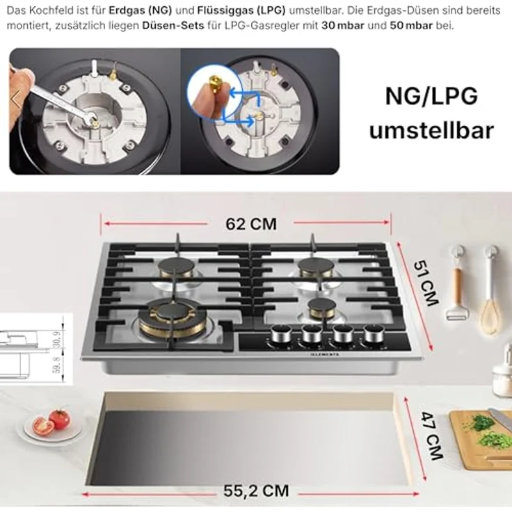 KB ELEMENTS Gaskochfeld ELK60GH2, 4-flammig mit Vollkupfer-Brenner, 60cm, Wok-Dreifachbrenner, Edelstahl 304, automatische Sicherheitsabschaltung, LPG/NG – Bild 7