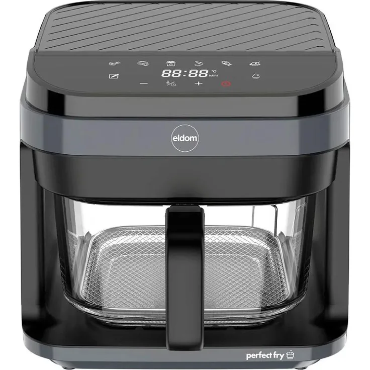 Eldom FR500 Air Fryer, 5.5 L Fritteuse mit herausnehmbarem Glasbehälter und präziser Temperaturregelung bis 200°C, Grau/Schwarz
